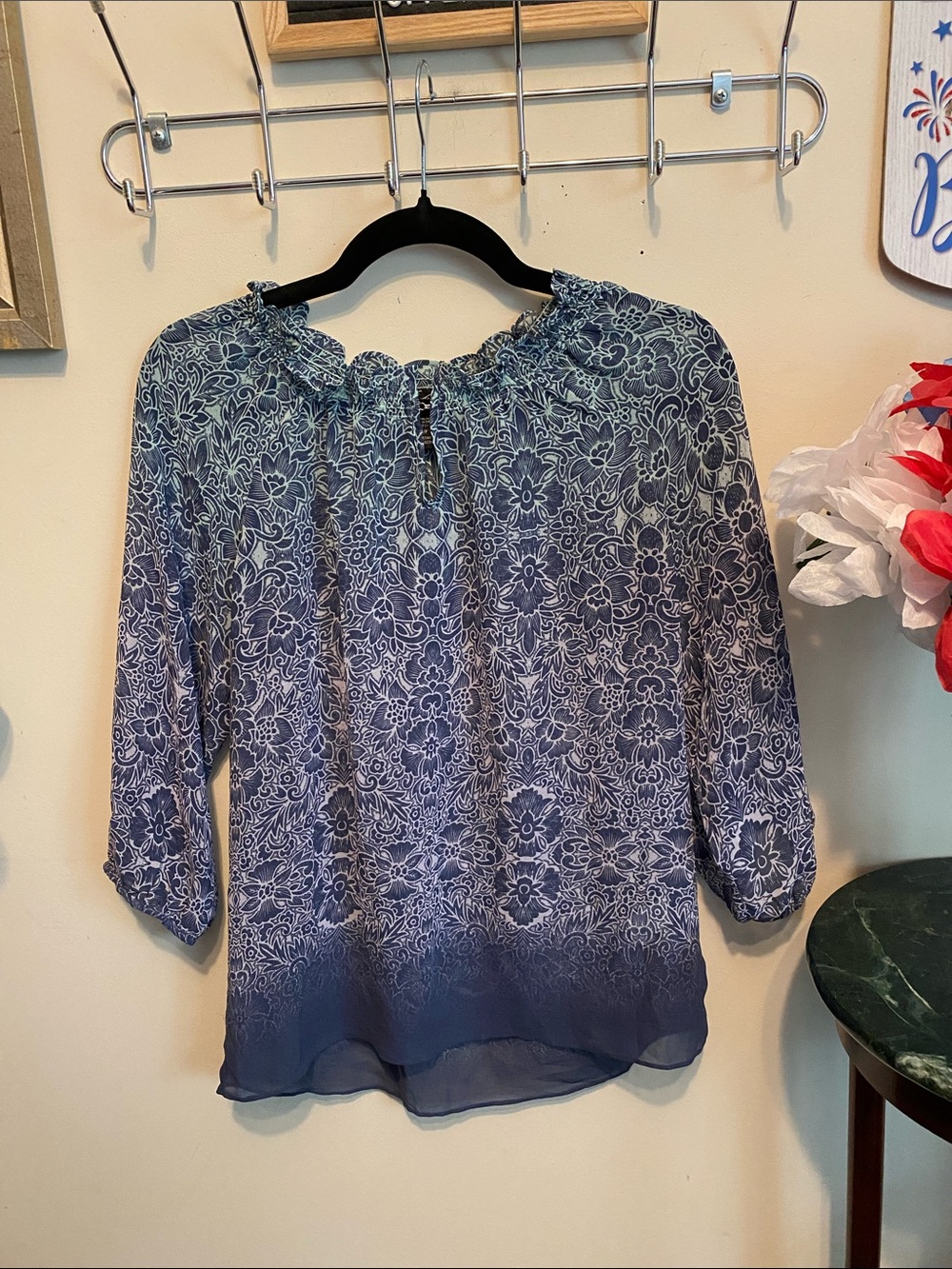 Lord & Taylor Blue Floral Peasant Blouse - Women's Top Sz Small